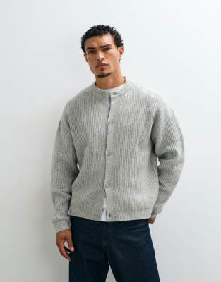 Asos Design Oversized Knit Wool Blend Ribbed Crew Neck Cardigan In Gray