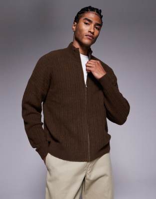 Asos Design Oversized Knit Zip Through Funnel Neck Cardigan In Brown