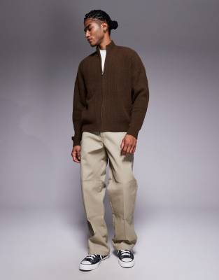 Asos Design Oversized Knit Zip Through Funnel Neck Cardigan In Brown