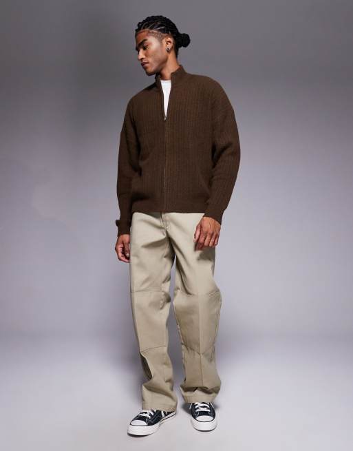 ASOS DESIGN oversized knit zip through funnel neck cardigan in brown