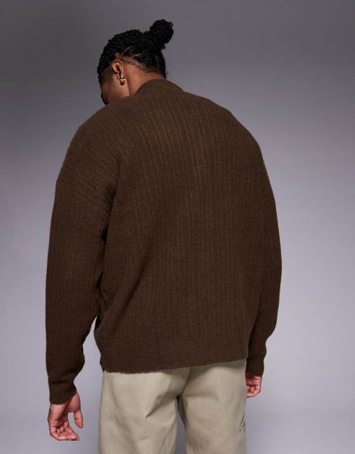 ASOS DESIGN oversized knit zip through funnel neck cardigan in brown