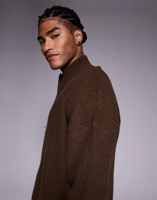ASOS DESIGN oversized knit zip through funnel neck cardigan in brown