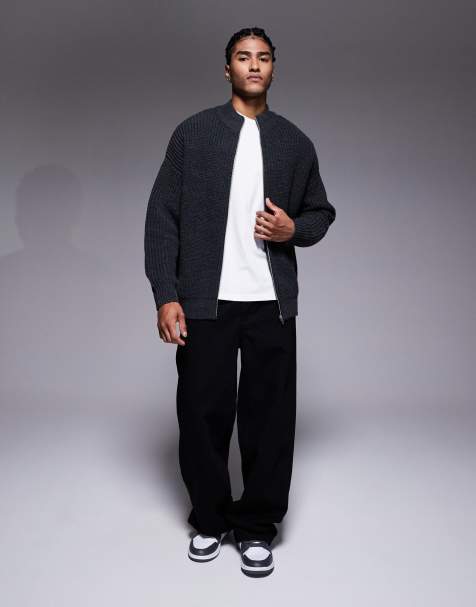 ASOS DESIGN oversized knit zip up funnel neck cardigan in charcoal - view 1