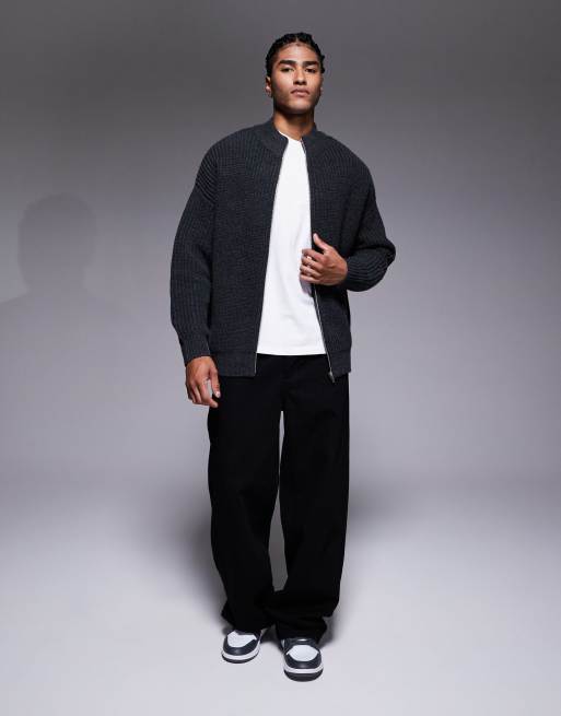 ASOS DESIGN oversized knit zip up funnel neck cardigan in charcoal
