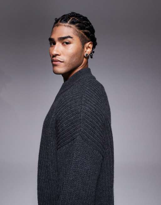 ASOS DESIGN oversized knit zip up funnel neck cardigan in charcoal