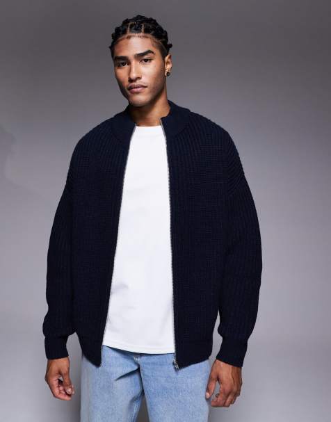 ASOS DESIGN oversized knit zip up funnel neck cardigan in navy - view 1