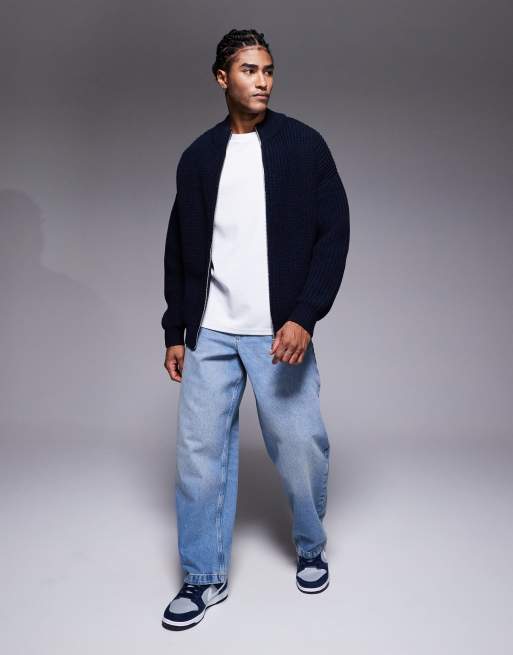 ASOS DESIGN oversized knit zip up funnel neck cardigan in navy