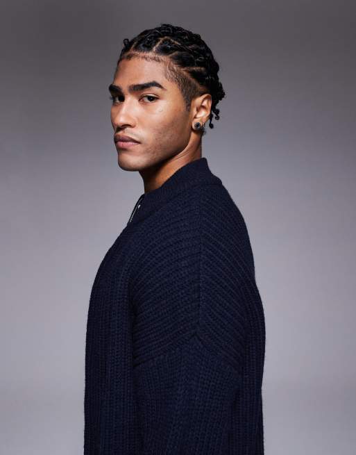 ASOS DESIGN oversized knit zip up funnel neck cardigan in navy