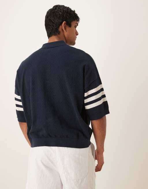 ASOS DESIGN oversized knitted airtex button through polo in navy , 3 of 4