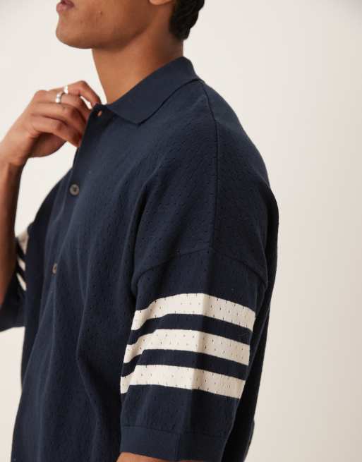 ASOS DESIGN oversized knitted airtex button through polo in navy , 4 of 4
