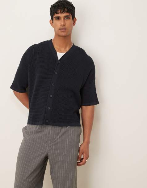 ASOS DESIGN oversized knitted baseball button through shirt in navy - view 1