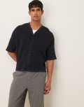 [ASOS DESIGN] ASOS DESIGN oversized knitted baseball button through shirt in navy-White M NAVY