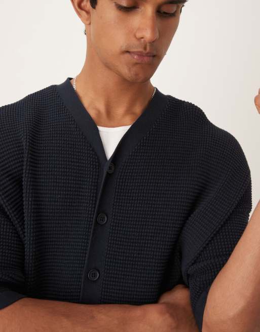 ASOS DESIGN oversized knitted baseball button through shirt in navy, 3 of 4