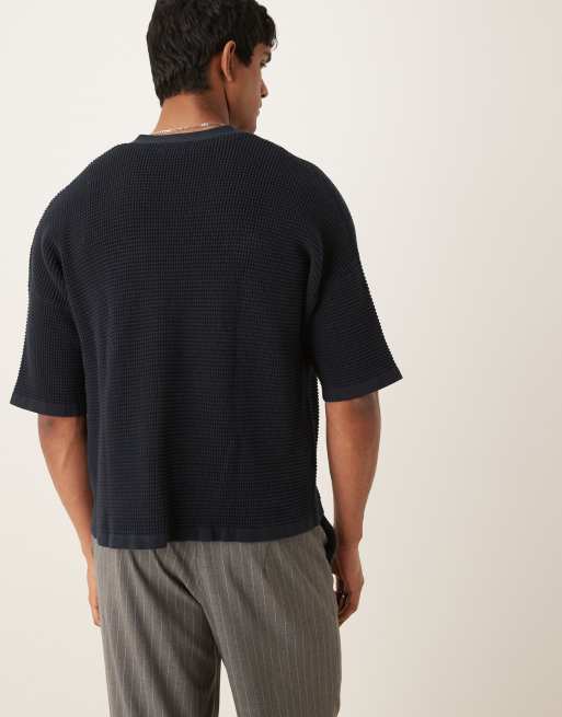 ASOS DESIGN oversized knitted baseball button through shirt in navy, 4 of 4