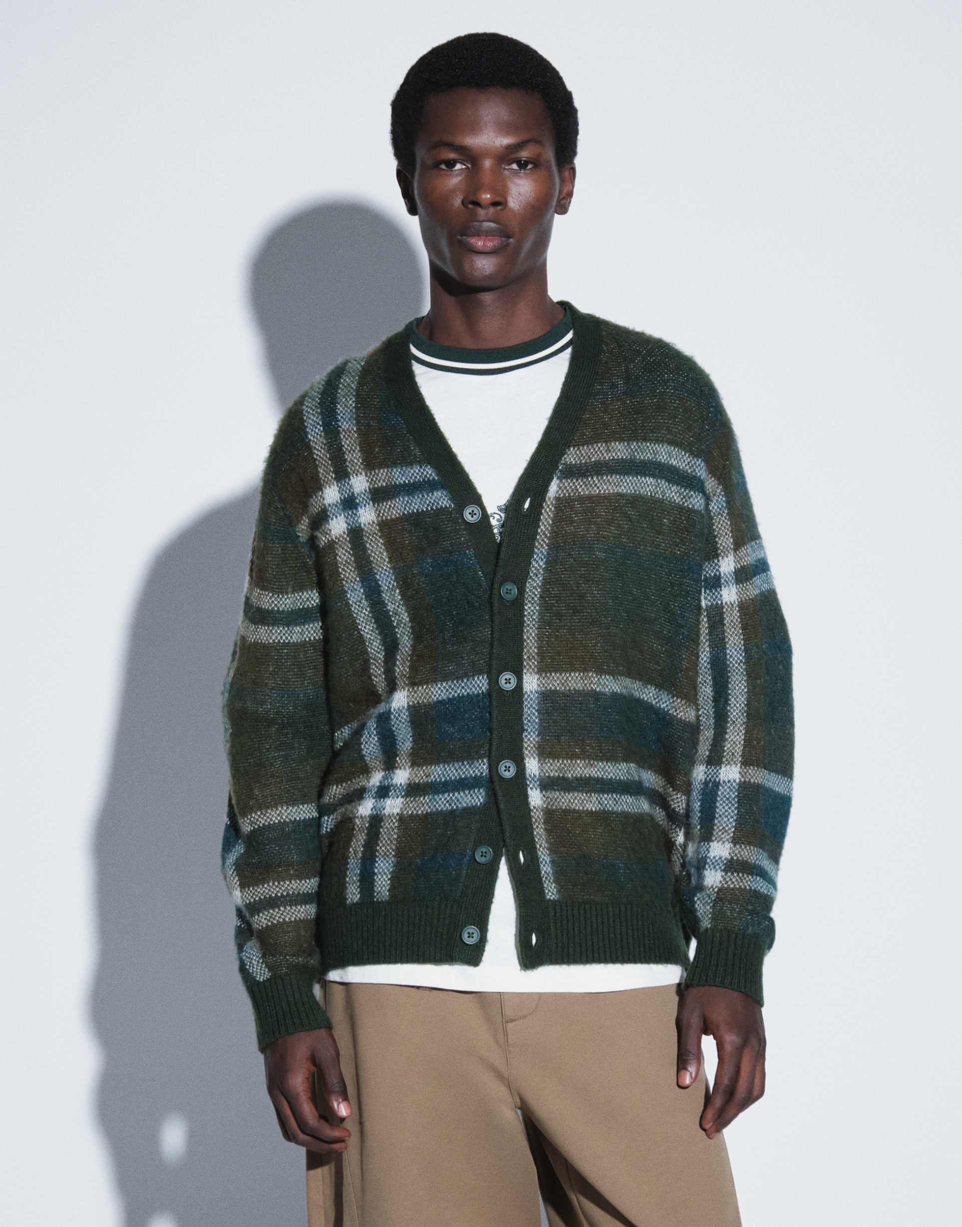 ASOS DESIGN oversized knitted brushed plaid cardigan in green