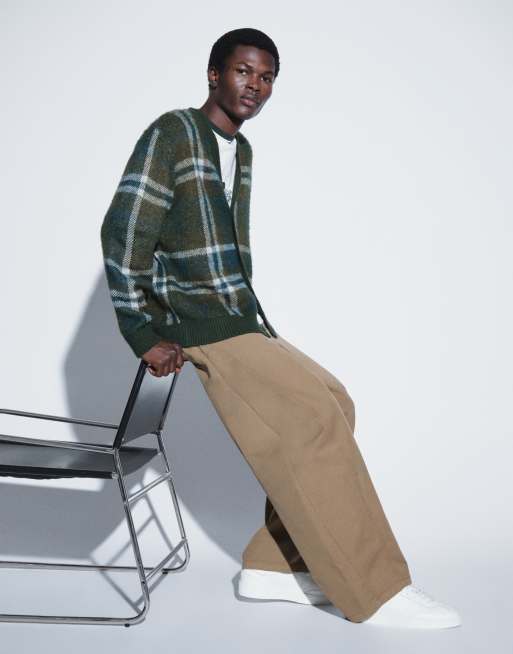 ASOS DESIGN oversized knitted brushed plaid cardigan in green, 2 of 5