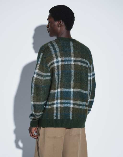 ASOS DESIGN oversized knitted brushed plaid cardigan in green, 4 of 5