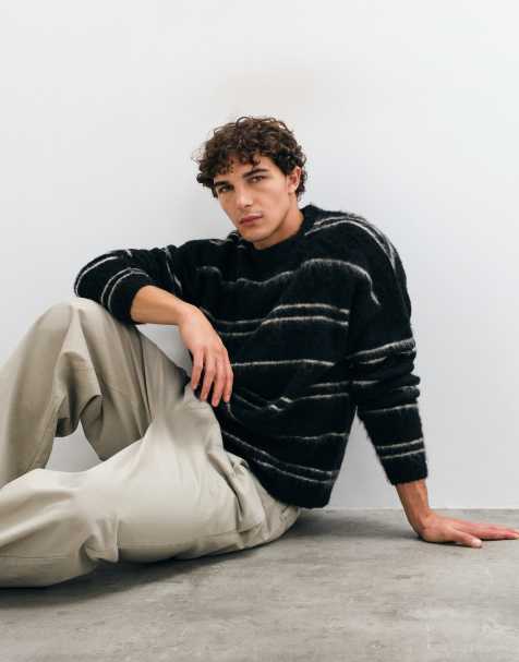 ASOS DESIGN oversized knitted brushed stripe jumper in black - view 1