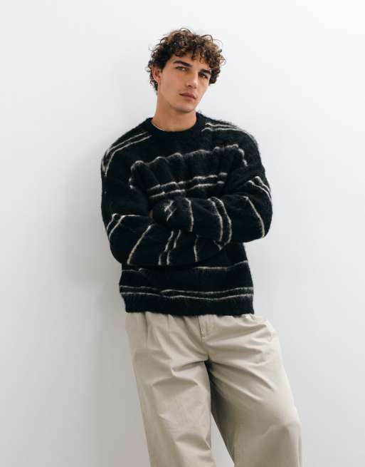 ASOS DESIGN oversized knitted brushed stripe jumper in black, 3 of 5