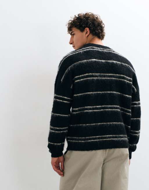 ASOS DESIGN oversized knitted brushed stripe jumper in black, 4 of 5