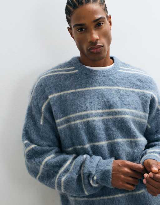 ASOS DESIGN oversized knitted brushed stripe jumper in blue, 5 of 5