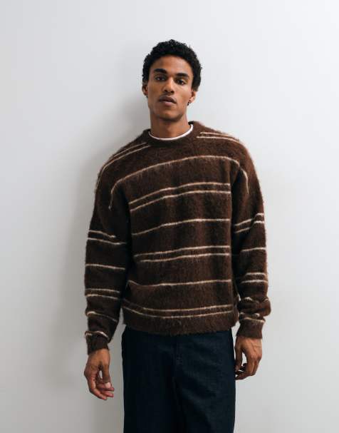 ASOS DESIGN oversized knitted brushed stripe jumper in brown - view 1