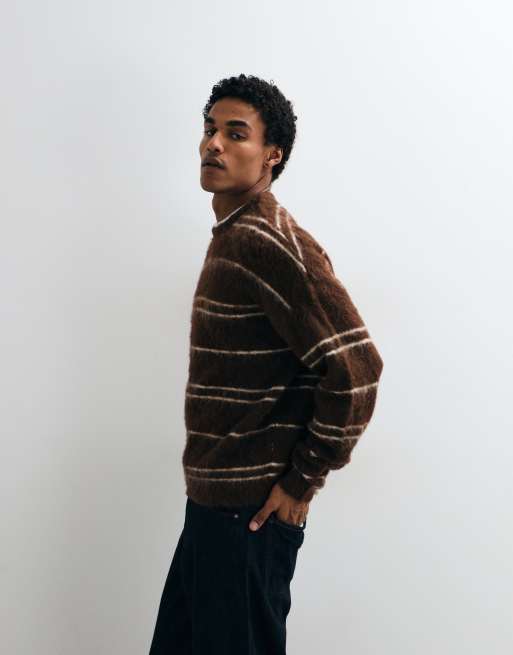 ASOS DESIGN oversized knitted brushed stripe jumper in brown, 4 of 5