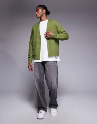 Asos Design Oversized Knitted Brushed V-neck Cardigan In Green