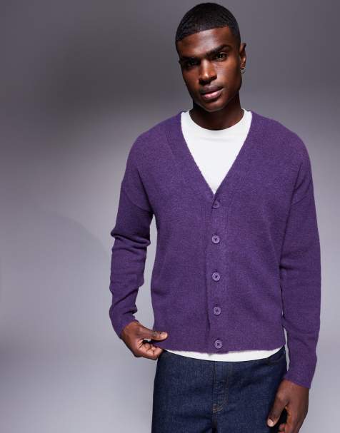 ASOS DESIGN oversized knitted brushed v-neck cardigan in purple - view 1