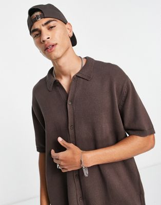 ASOS DESIGN oversized knitted button through polo in brown
