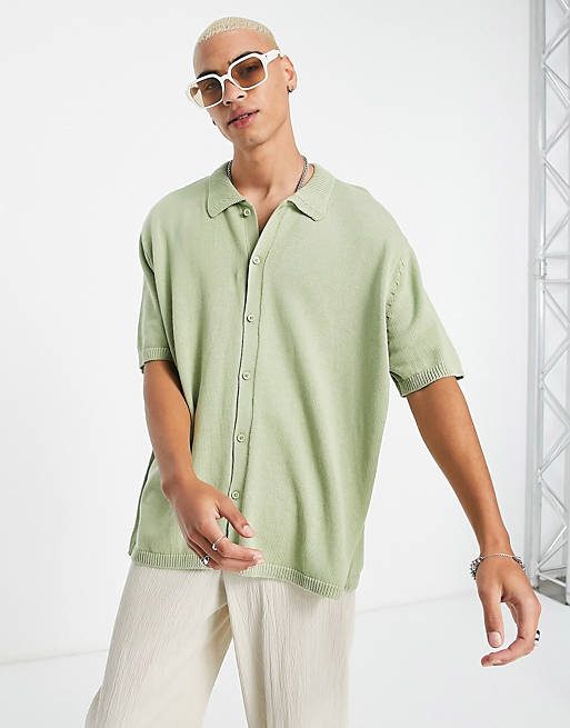 ASOS DESIGN oversized knitted button through polo in washed green | ASOS