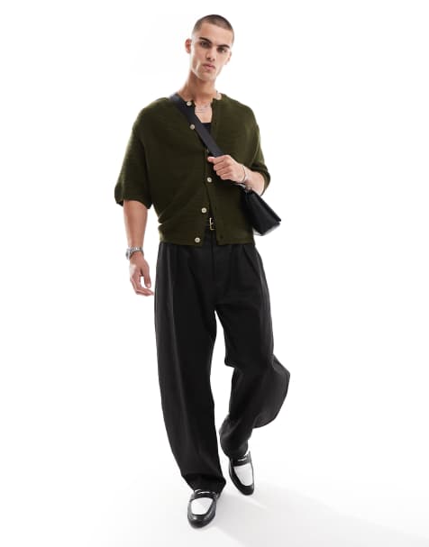 ASOS DESIGN oversized knitted button through top in dark khaki  - view 1