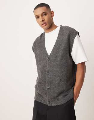 oversized knitted button through vest in gray