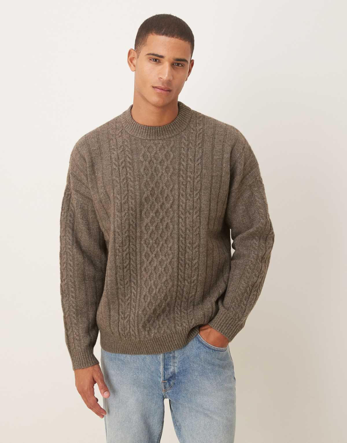 ASOS DESIGN oversized knitted cable crew neck jumper in brown marl