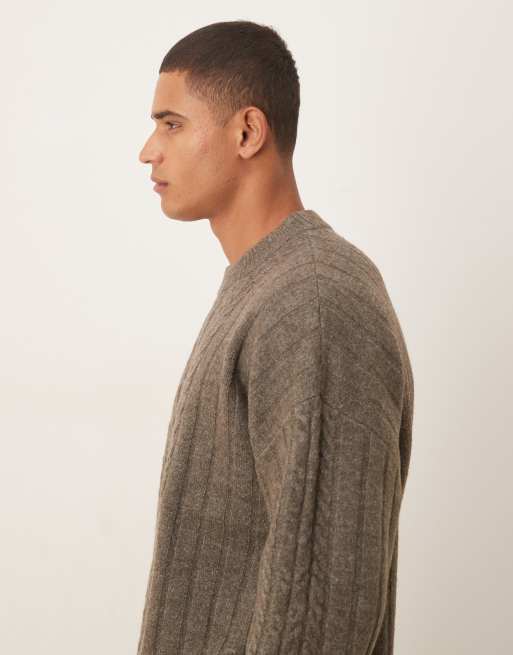 ASOS DESIGN oversized knitted cable crew neck jumper in brown marl, 4 of 5