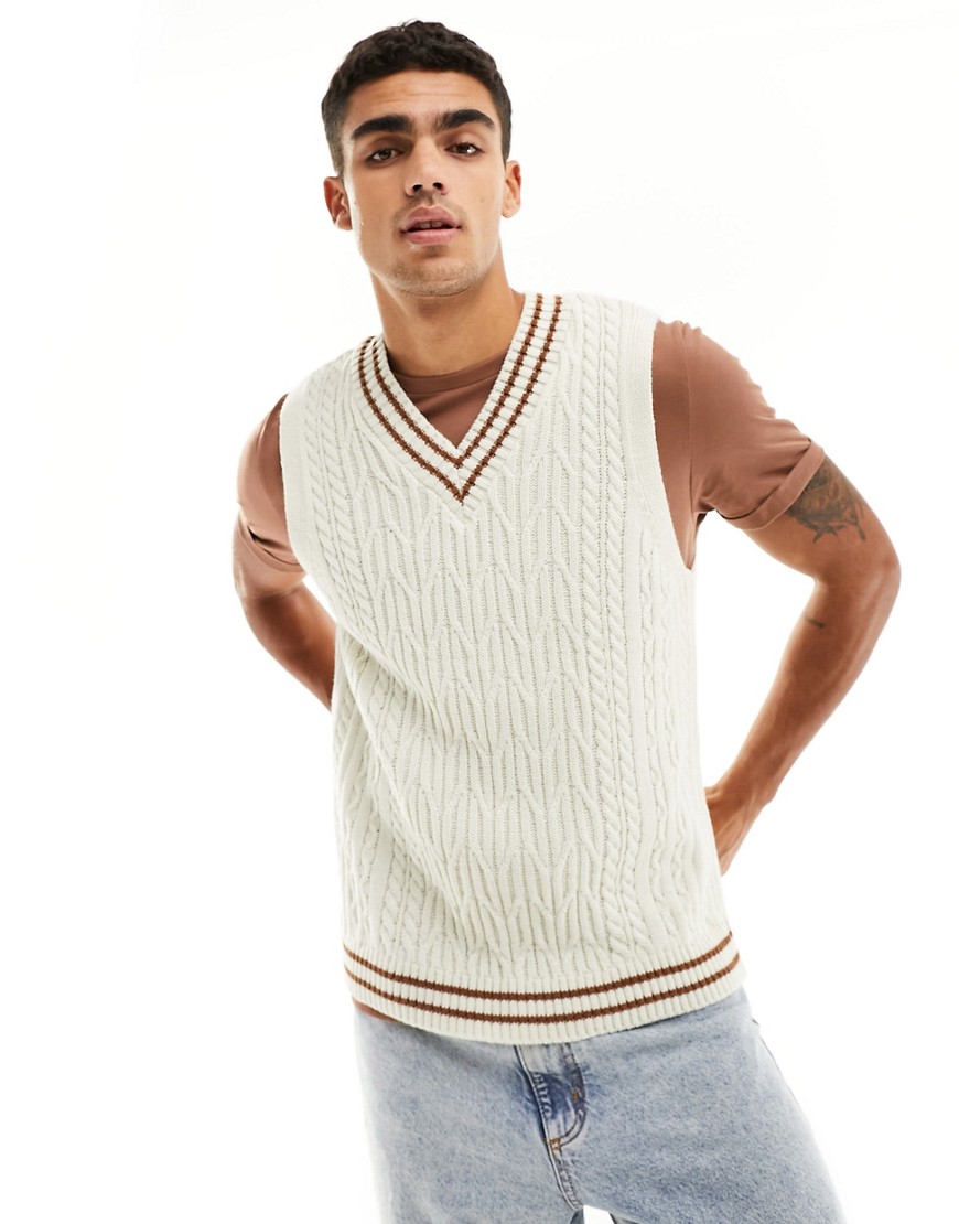 ASOS DESIGN oversized knitted cable cricket tank in cream-White