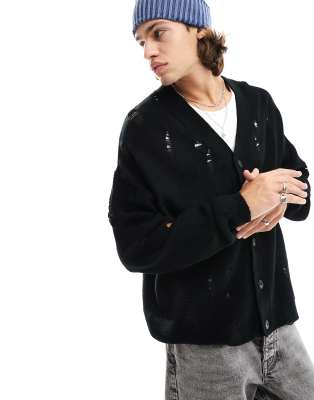 ASOS DESIGN oversized knitted cardigan with ladder detail in black - ASOS Price Checker