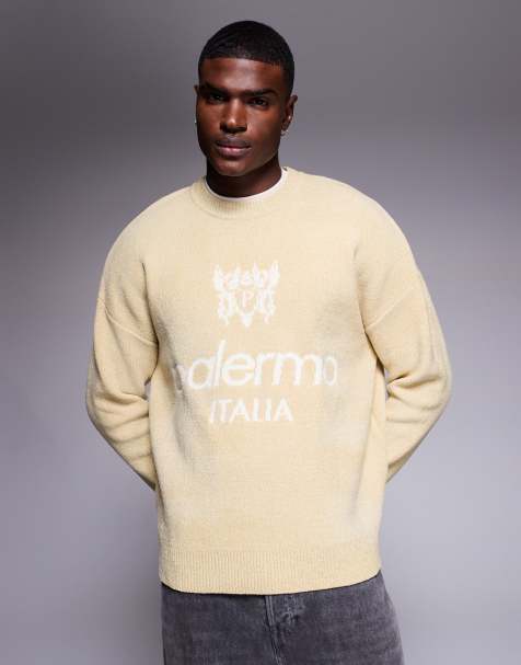 ASOS DESIGN oversized knitted chenille jumper with Palermo graphic in stone - view 1