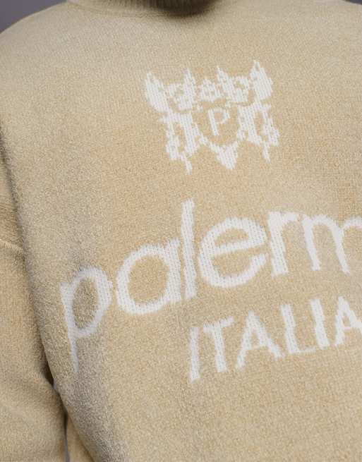 ASOS DESIGN oversized knitted chenille jumper with Palermo graphic in stone, 5 of 5