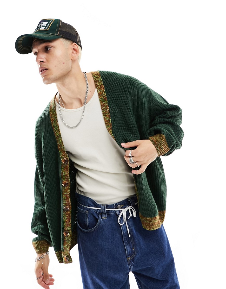 ASOS DESIGN oversized knitted contrast trim fisherman rib cardigan in dark green