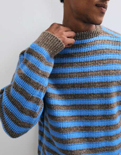 ASOS DESIGN oversized knitted crew jumper in brown and blue stripe, 2 of 5