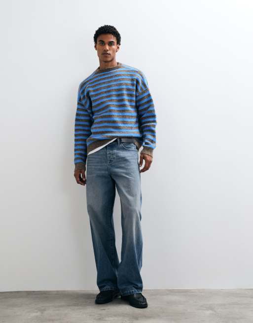ASOS DESIGN oversized knitted crew jumper in brown and blue stripe, 3 of 5