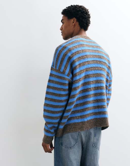 ASOS DESIGN oversized knitted crew jumper in brown and blue stripe, 5 of 5