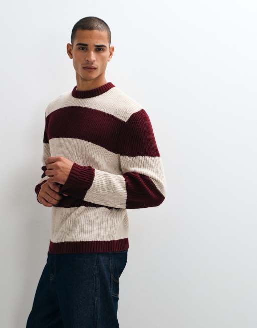 ASOS DESIGN oversized knitted crew neck jumper in burgundy and cream stripe, 2 of 5