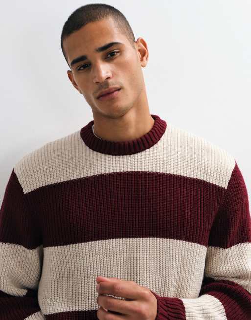 ASOS DESIGN oversized knitted crew neck jumper in burgundy and cream stripe, 3 of 5