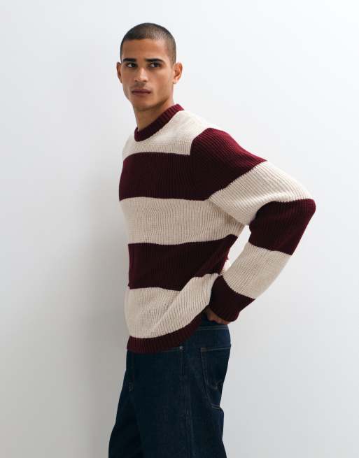 ASOS DESIGN oversized knitted crew neck jumper in burgundy and cream stripe, 4 of 5