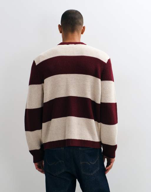 ASOS DESIGN oversized knitted crew neck jumper in burgundy and cream stripe, 5 of 5