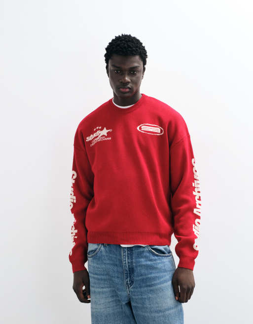 ASOS DESIGN oversized knitted crew neck jumper in red with contrast print, 2 of 5