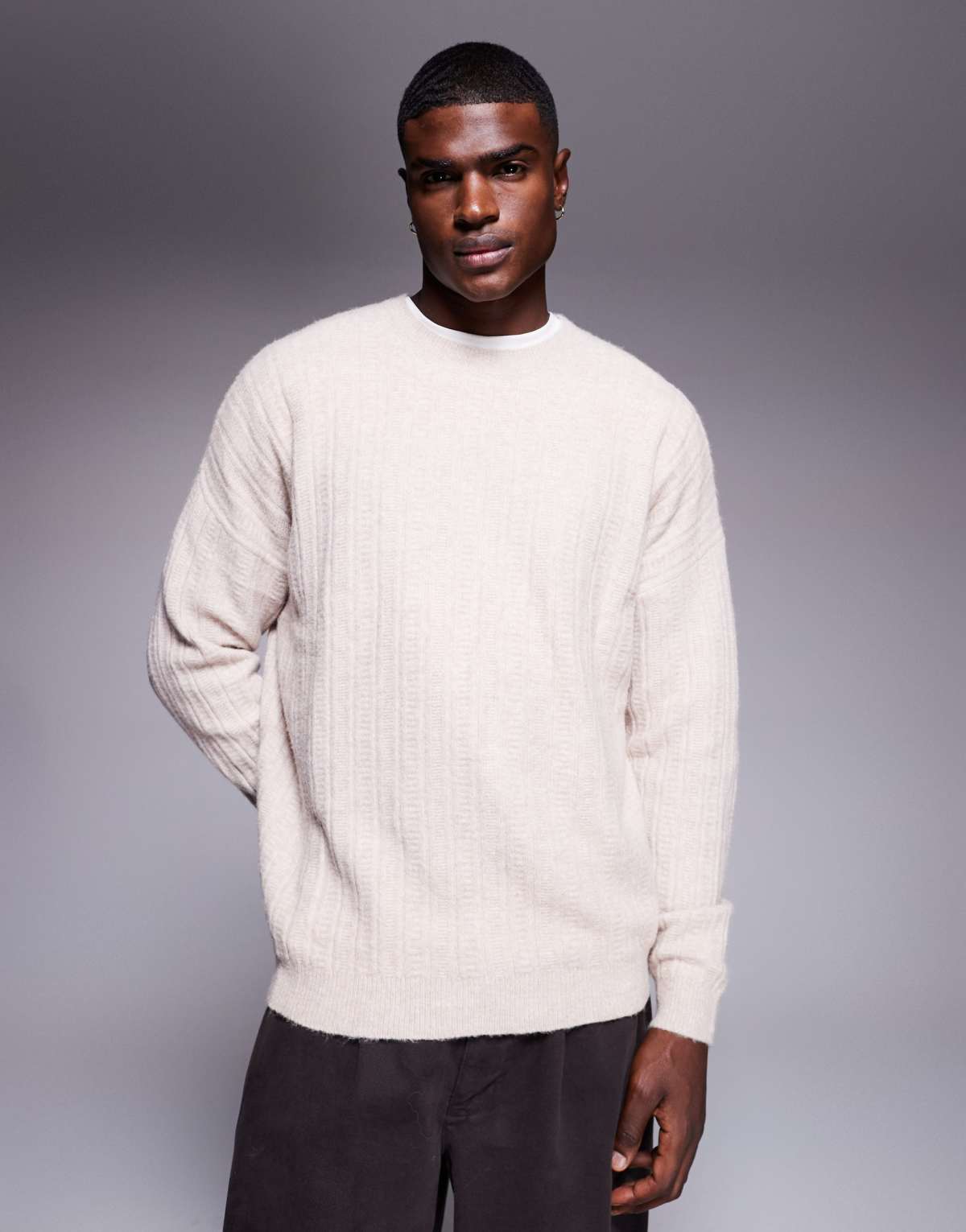 ASOS DESIGN oversized knitted crew neck jumper in stone