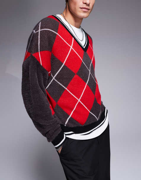 ASOS DESIGN oversized knitted crew neck jumper with argyle pattern in brown and red - view 1